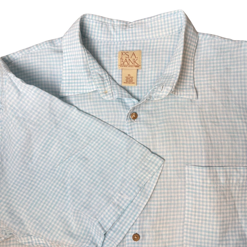 Jos. A. Bank Button Up Shirt Mens XL Blue Gingham Excellent 100% Linen Short Slv